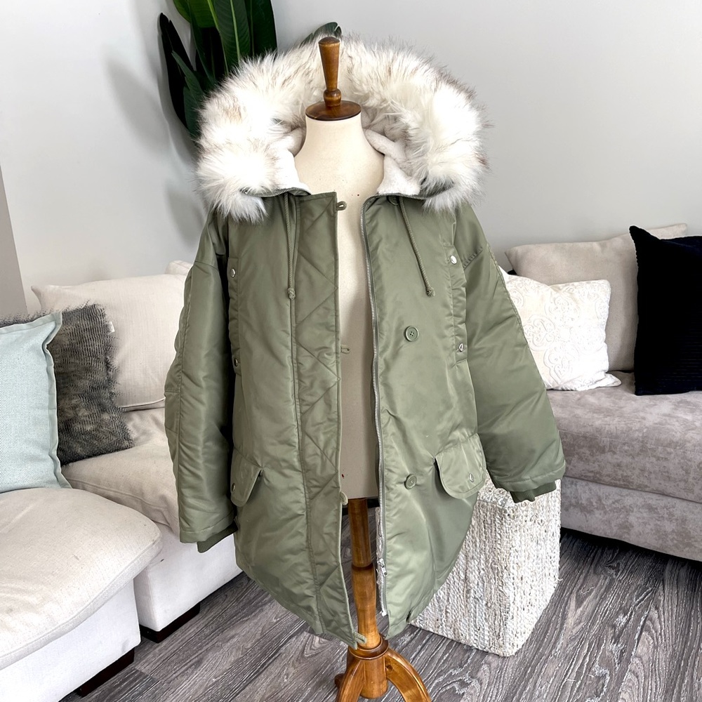 Green puffer coat with faux fur hood